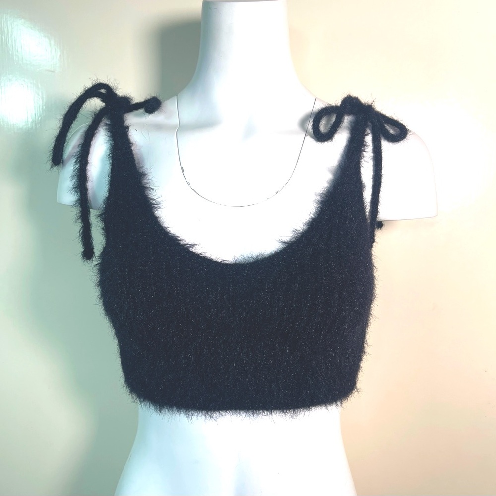 Zara Black label bow strips crop fluffy top S - Picture 2 of 7